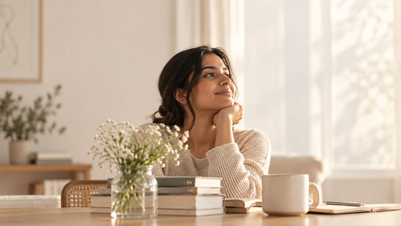 A woman with PCOS, calm and cared for at home